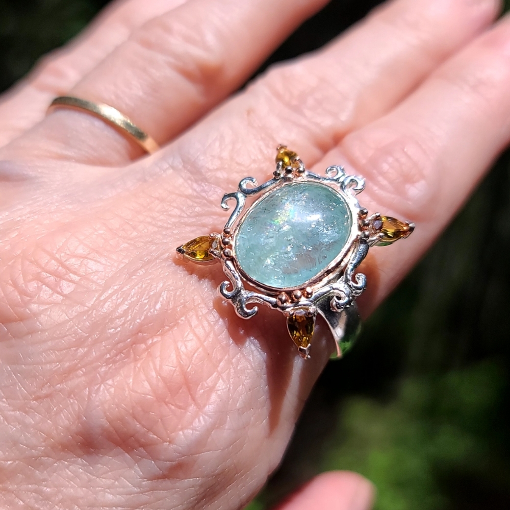 Oval 11k Aquamarine & Tourmaline portrait style Sterling ring sz9 - Picture 2 of 4